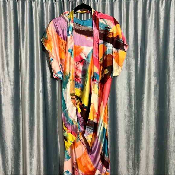 Abstract Watercolor Cowl-Neck Midi Dress - Multicolor - Picture 5 of 6